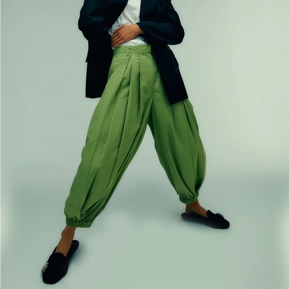Tibi matcha green Italian sporty nylon pleated balloon trouser pants - Picture 10 of 11